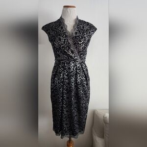 Vintage Alex Evenings 90's Does 50's Black Metallic Silver Sheath Dress Size 4